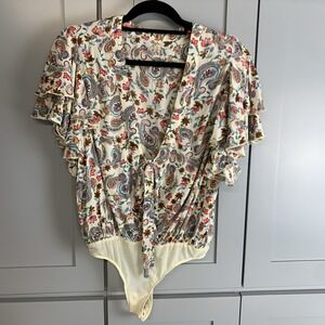 Free People Bodysuit Blouse Top Flare Floral Paisley Flutter Sleeves Cottagecore
